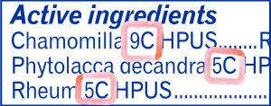 Zoom in of Camilia label with red circles around dilutions 9C and 5C